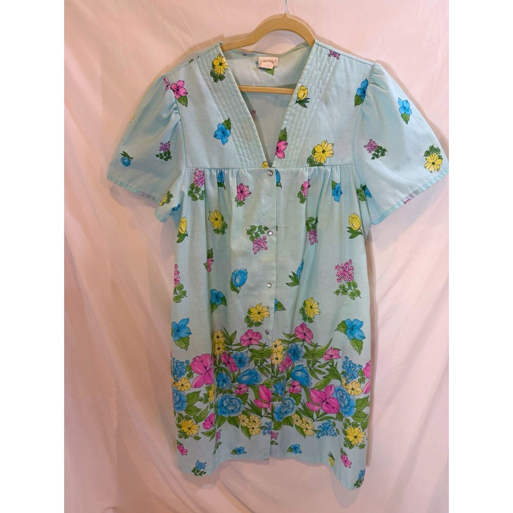 Vintage Simply Basic Womens Large Floral Snap Front Duster House Dress Blue